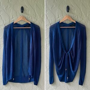 White House Black Market Women's XS Blue Rayon Mesh Cinched Cardigan Sweater Top